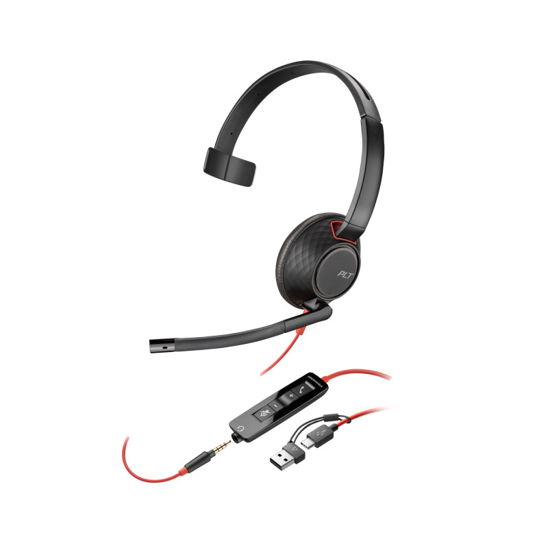 Auriculares Poly Blackwire 5210 monaural USB-C + conector de 3,5 mm + adaptador USB-C/A